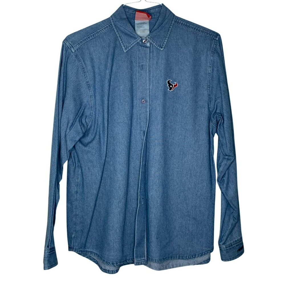 VTG Reebok Houston Texans Denim Shirt NFL Embroidered Long Sleeve Unisex Large
